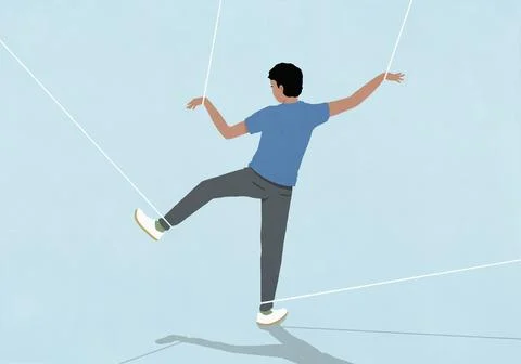 Young man restrained by strings tied to wrists and ankles trying to walk Illustrazione stock
