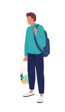 Young man with reusable string bag semi flat color vector character Stock Illustration