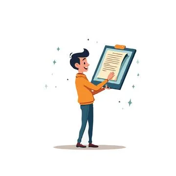 Young man reviewing important document on clipboard under a brilliant star .. Stock Illustration