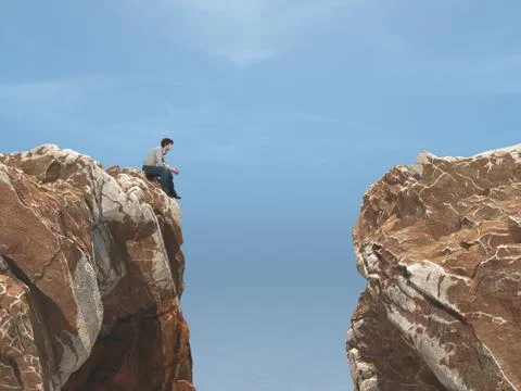 Young man on a rock in front of a chasm. Stock Illustration