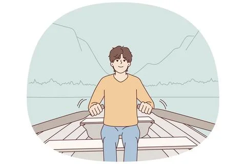 Young man rowing in boat relax on vacation in mountains. Smiling guy sit in ship Stock Illustration