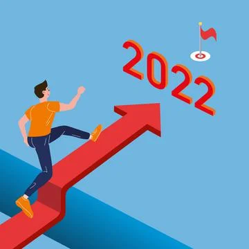 Young man run and jump from 2021 to 2022 years. Success business, energetic Stock Illustration