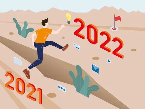 Young man run and jump from 2021 to 2022 years. Success business, energetic Stock Illustration