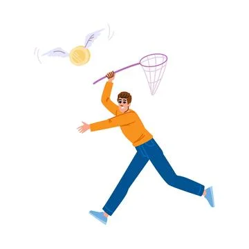 Young man running and trying to catch a flying gold coin with small wings usi Ilustração Stock