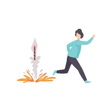 Young man running away from an exploding firework rocket, people celebrating イラスト素材