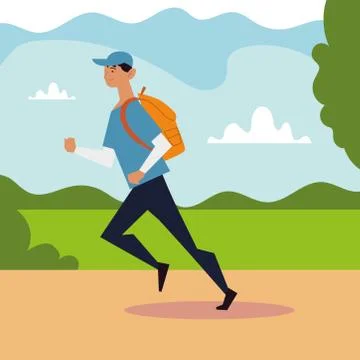 Young man running with backpack in the park Ilustração Stock