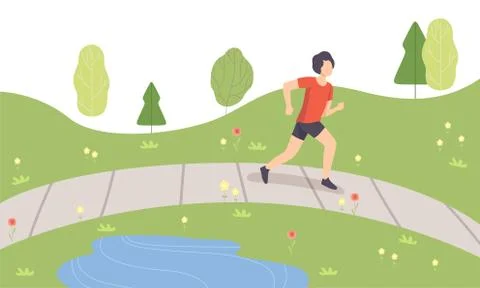 Young Man Running in Park, Guy Doing Physical Activities Outdoors, Healthy Ilustração Stock