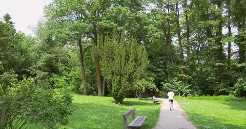 Young man running at path in green park Stock Footage 110944561