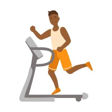 Young man running on thread mill. Colorful cartoon character Stock Illustration