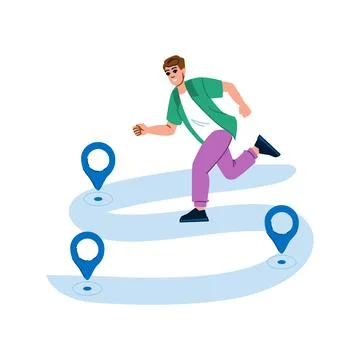 Young man running on winding path following gps pointers towards destination Illustrazione stock