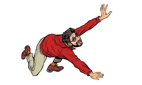 The young man runs and falls. Bearded hipster active lifestyle Stock Illustration