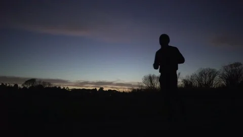 A young man runs in a park during sunset in silhouette Stock Footage 101805654
