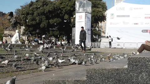 Young Man Runs Through The Square Scaring The Pigeons Away Slow-Motion HD 스톡 동영상 131566928
