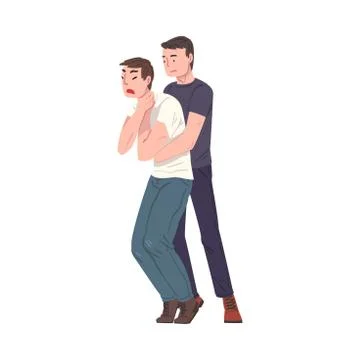 Young Man Saving Life of Man Performing Abdominal Thrusts, First Aid to Choking Ilustración de archivo