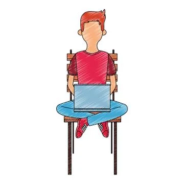 Young man seated on chair using laptop scribble faceless Stock Illustration