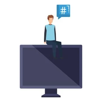 Young man seated in computer with speech bubble Stock-Illustration