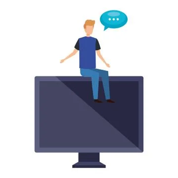 Young man seated in computer with speech bubble Stock-Illustration