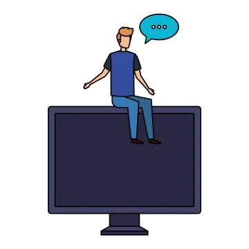 Young man seated in computer with speech bubble Stock-Illustration