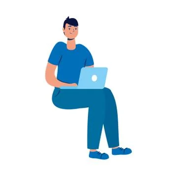 Young man seated using laptop technology character 스톡 일러스트
