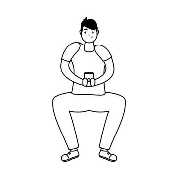 Young man seated using smartphone technology line style Stock Illustration