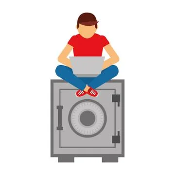 Young man with security box and laptop computer Stock Illustration