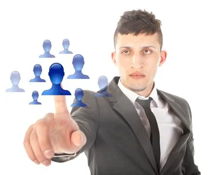 Young man selecting blue virtual friends isolated on white background Stock Photos