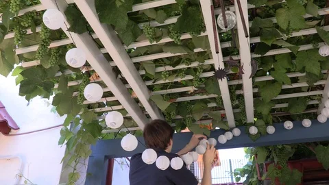 Young man setting garden paper lanterns on a patio, home garden illumination Vídeos de archivo 99176091