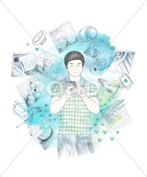Young man sharing photos online on Instagram or social media Stock Illustration