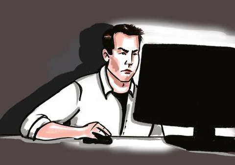 Young man in shirt working on the computer Stock Illustration