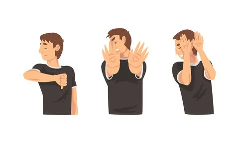 Young Man Showing Thumb Down and Stop Gesture with His Palm Hand Vector Set 스톡 일러스트