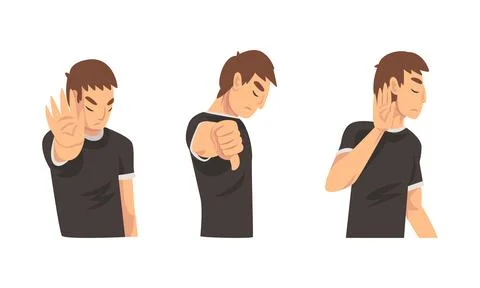 Young Man Showing Thumb Down and Stop Gesture with His Palm Hand Vector Set Stock Illustration
