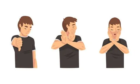 Young Man Showing Thumb Down and Stop Gesture with His Palm Hand Vector Set 스톡 일러스트