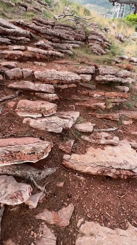 A young man shows the steps made of stone in the ground to the camera Stock Footage 251008973