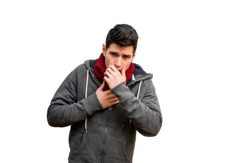 Young man sick with flu or cold, coughing Stock Photos