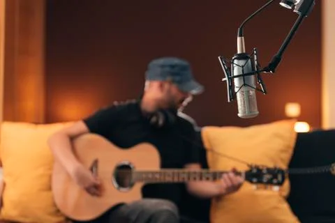 Young man singing in direct. Stock Photos