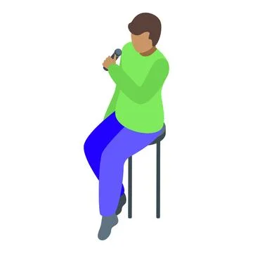 Young man singing with microphone while sitting on stool Stock Illustration