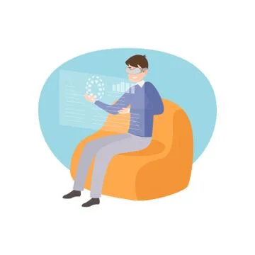 Young man sit on soft sofa weared virtual reality goggles Stock Illustration