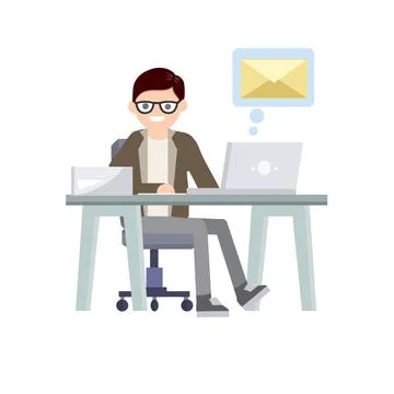 Young man sit at table with computer Stock-Illustration