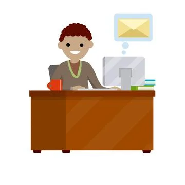 Young man sit at table with computer and receives letter イラスト素材