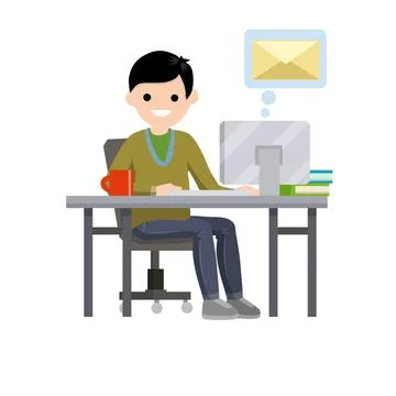 Young man sit at table with computer and receives letter. e-mail in messenger Stock-Illustration