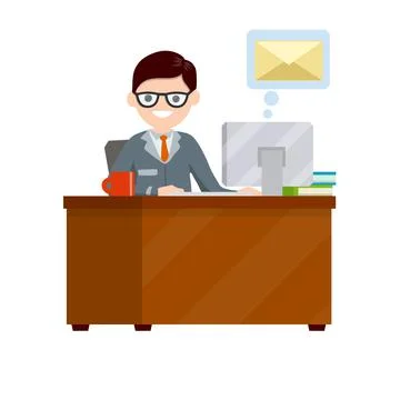 Young man sit at table with computer and receives letter. Postal envelope in  Stock-Illustration