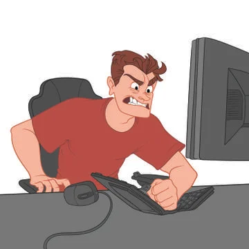 A young man sits at a computer and breaks the keyboard in anger Stock-Illustration