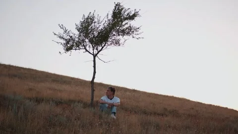 Young man sits by lonely tree on mountain. Concept of solitude and reflection 库存影片 247877833