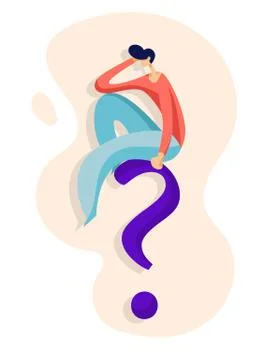 Young man sits on a question mark and pondering problem イラスト素材