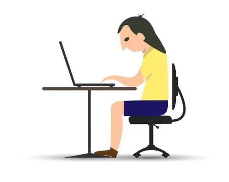 Young man sits at a table and works or plays on a laptop. Stock Illustration