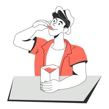Young man sits at a table and eats snacks from a box, cartoon vector Stock Illustration