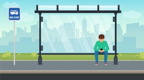 Young man sitting alone at the bus stop and using his phone. Vector illustration Ilustración de archivo