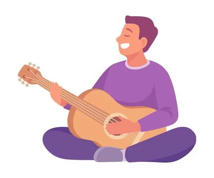 Young Man Sitting and Playing Guitar Vector Illustration Stock Illustration