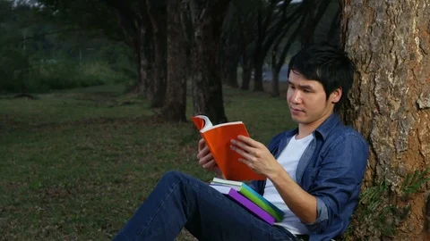 Young man sitting and reading a book in the park Stock Footage 85920206