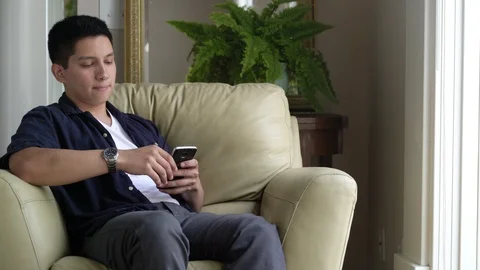 Young man sitting in armchair using mobile phone. 動画素材 88041367